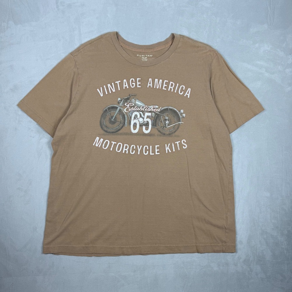 Y2K Mens Puritan Vintage America Motorcycle Kits Graphic T-Shirt Tan XL